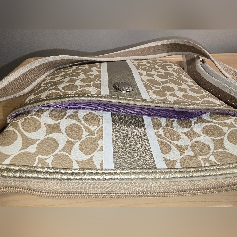 COACH Khaki and Gold Swingpack Crossbody Bag Coated Canvas Signature Stripe - Picture 11 of 16